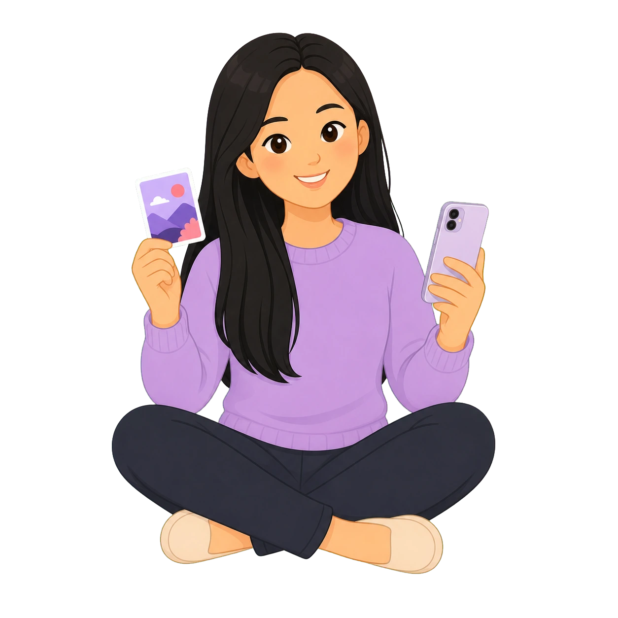Illustration of Summer holding a phone and photo card